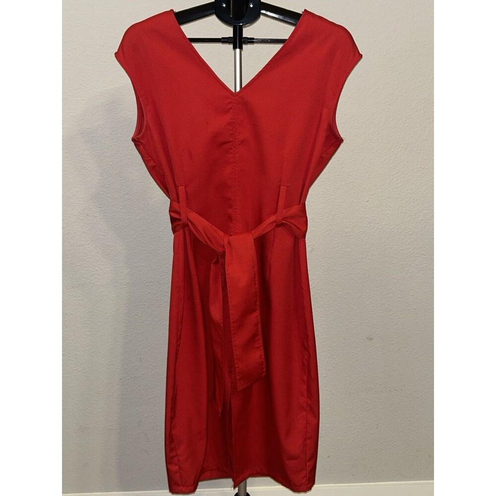 Ella Blue Dress Womens Large L Red V-Neck Belted Sleeveless Sheath Midi Casual